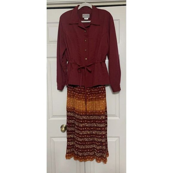 Vintage Stonebridge Mixed-Media Maxi Dress Attached Blazer Pleats Fall Colors 14 - Picture 1 of 11